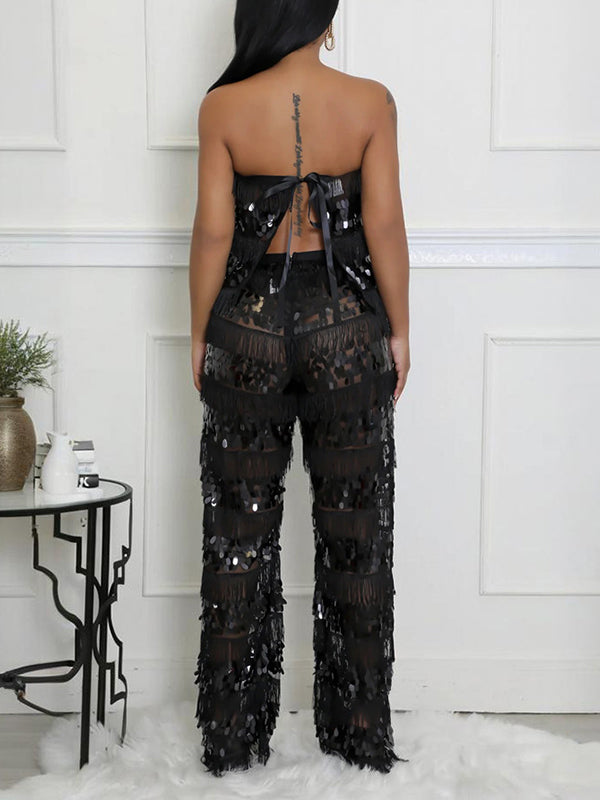 Sequin Fringe Tube Top & Pants Set