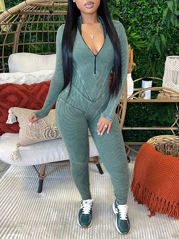 Zip-Front Ribbed Jumpsuit
