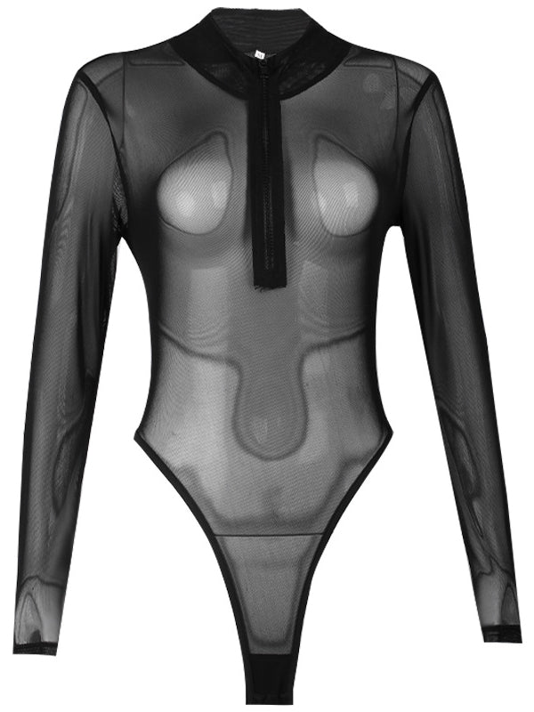 Zip-Front Sheer Bodysuit