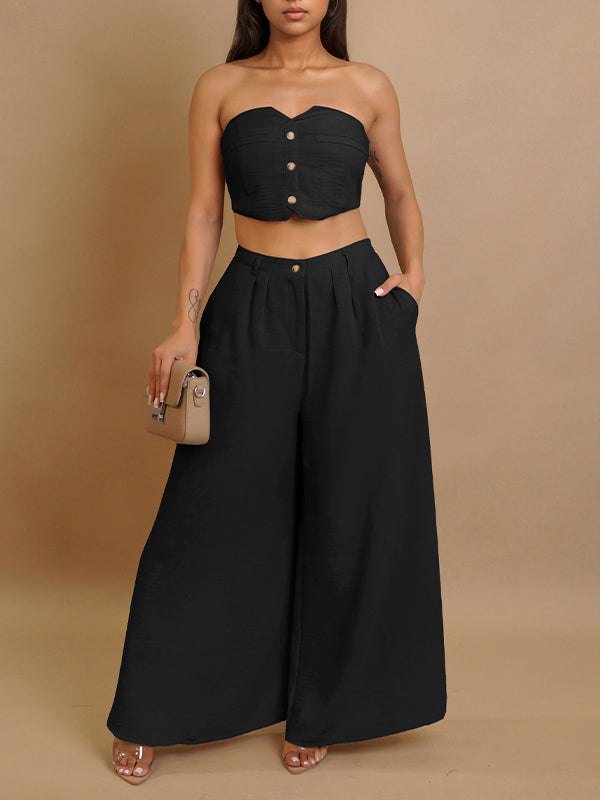 Button-Front Tube Top & Wide-Leg Pants Set