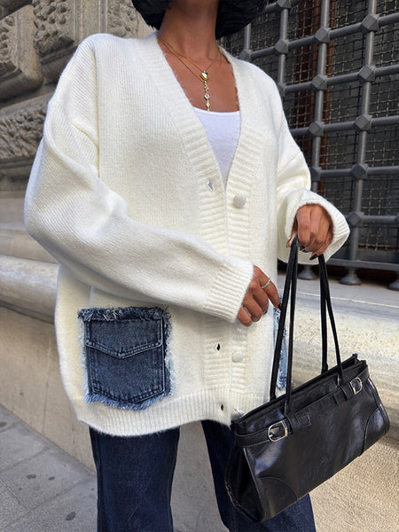 Denim-Combo Button-Front Cardigan