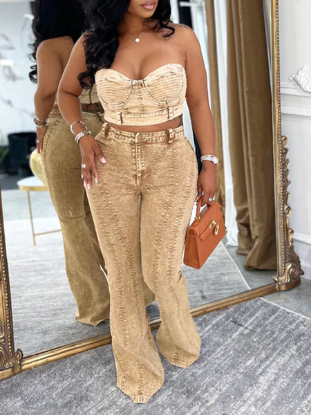 Morchique Wash Denim Tube Top & Pants Set