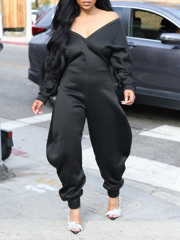 Solid V-Neck Jumpsuit