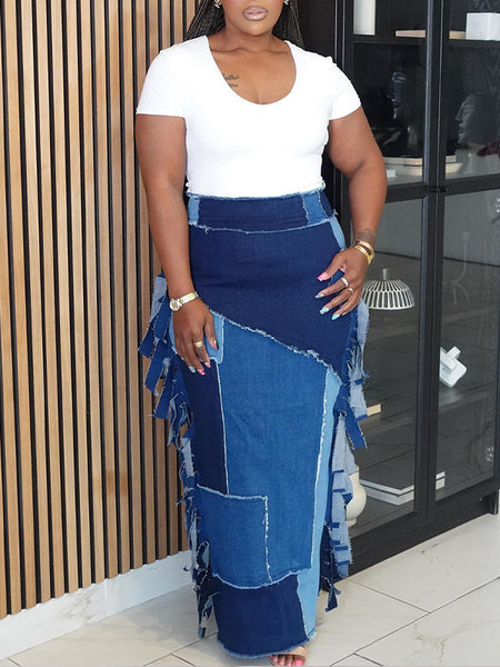 Fringe Colorblock Denim Skirt