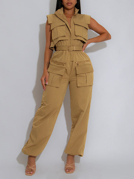 Sleeveless Belted Cargo Jumpsuit