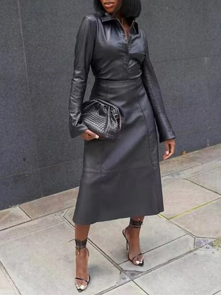 Faux-Leather Shirt & Skirt Set