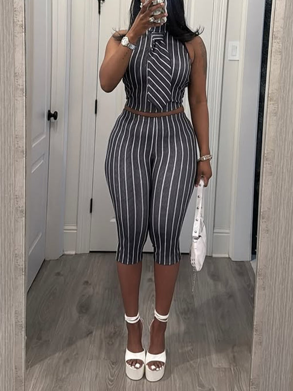 Stripe Halter Top & Carpris Set