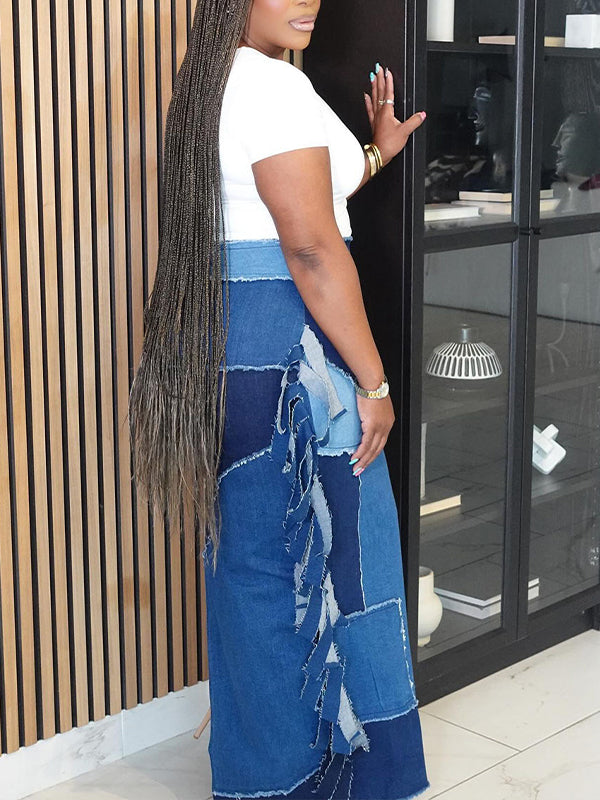 Fringe Colorblock Denim Skirt