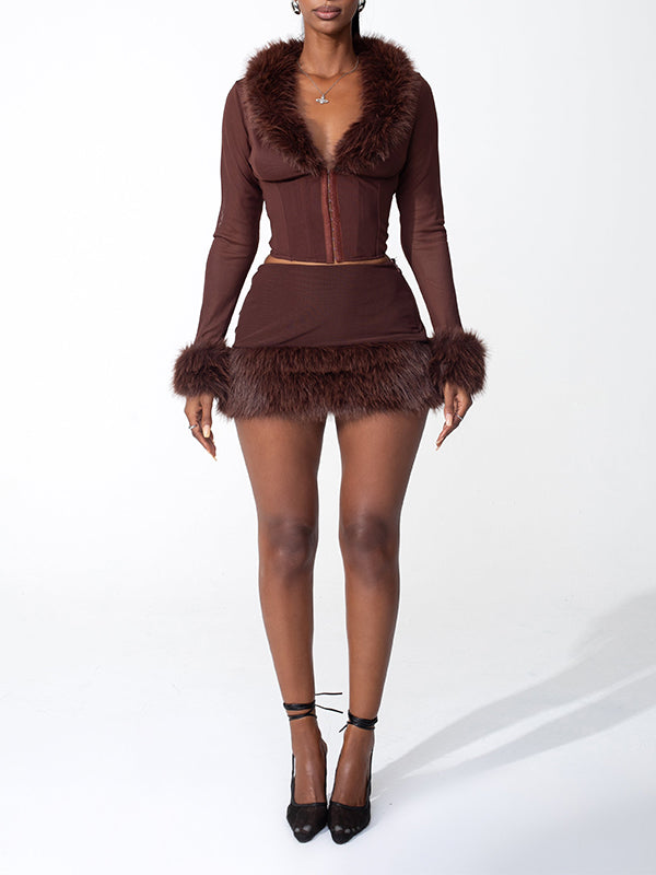 Faux-Fur Combo Jacket & Skirt Set