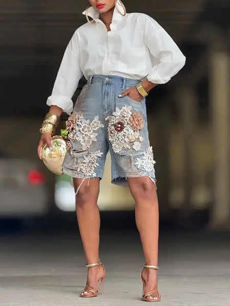 Morchique Flower Lace Combo Ripped Shorts
