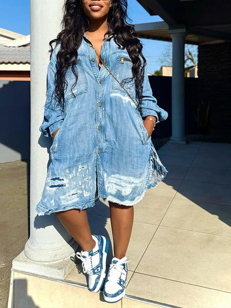 Ripped Button-Front Denim Romper