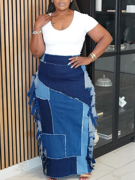 Fringe Colorblock Denim Skirt