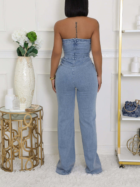 Strapless Button Denim Jumpsuit