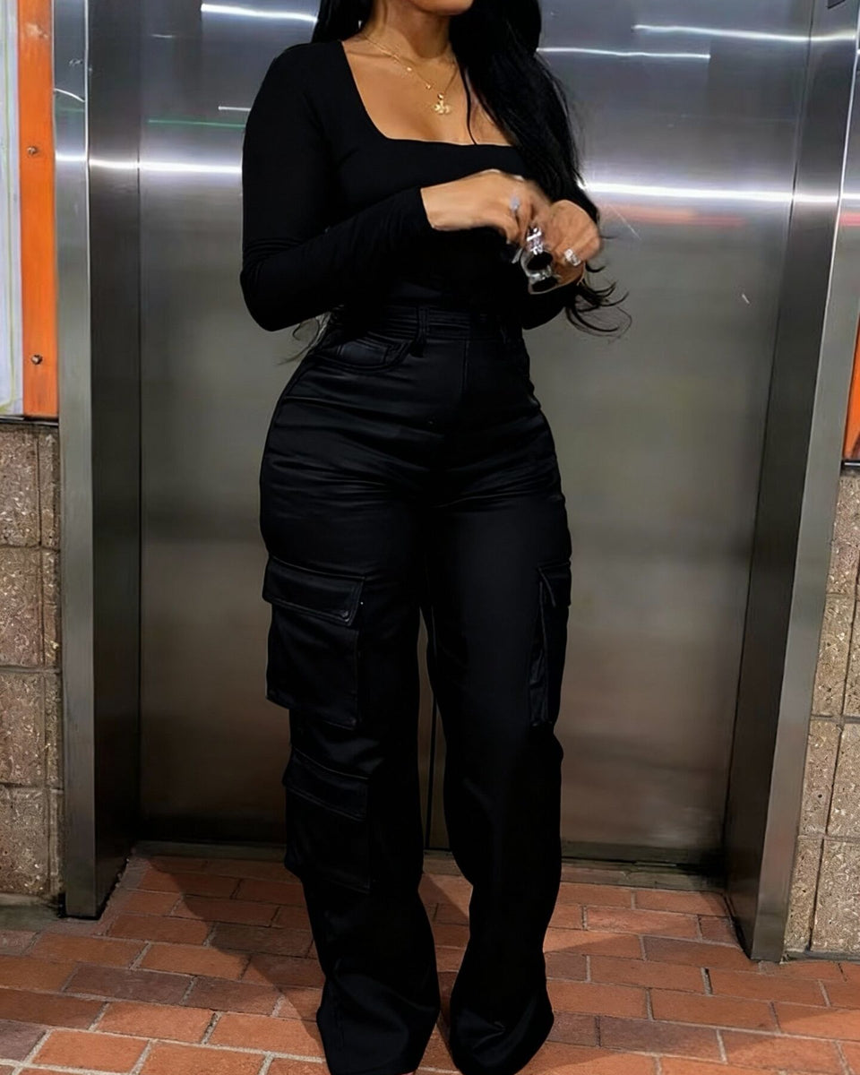 Faux-Leather Cargo Jumpsuit