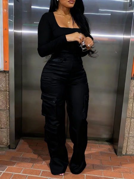 Faux-Leather Cargo Jumpsuit