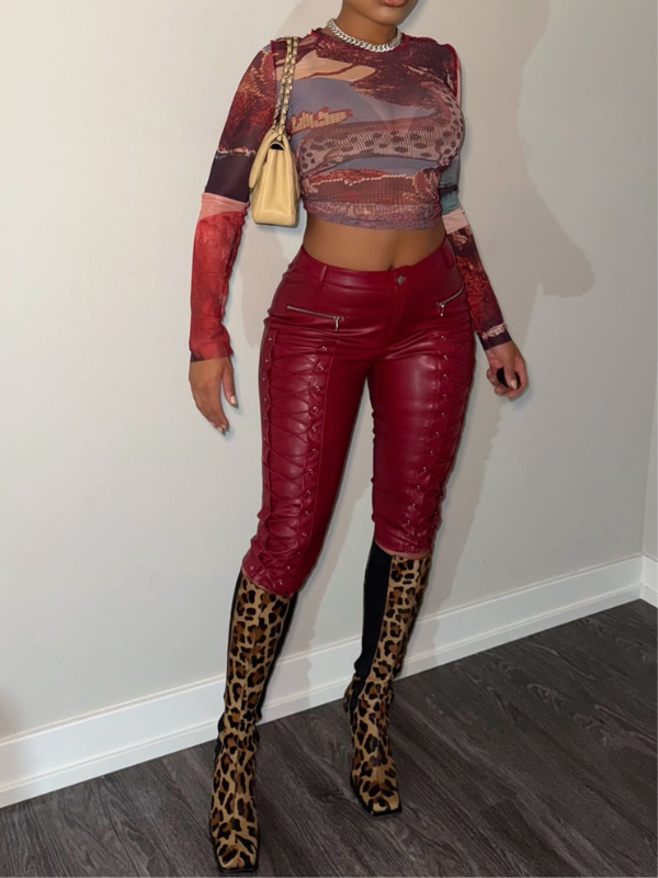 Lace-Up Faux-Leather Capri Pants