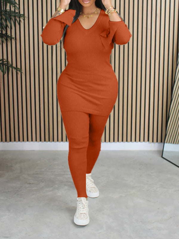 Ribbed V-Neck Top & Pants Set