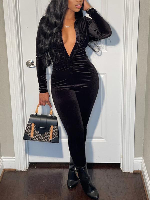 Morchique Velvet Button-Front Jumpsuit