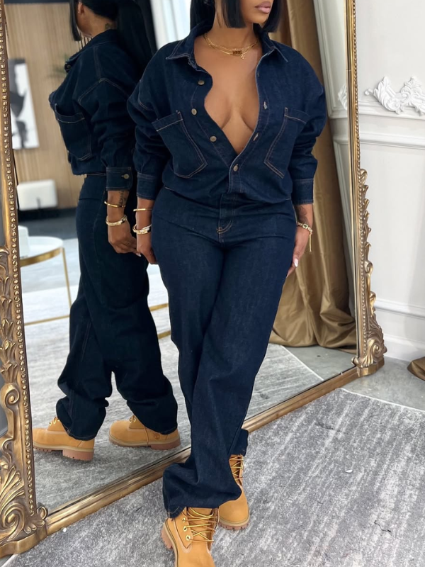 Button-Front Denim Jumpsuit