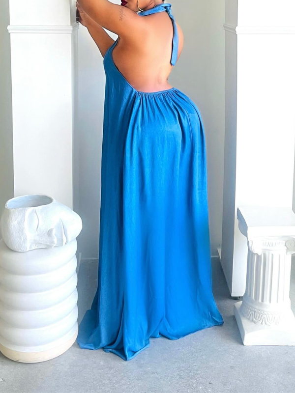 Denim printed Halter Maxi Dress