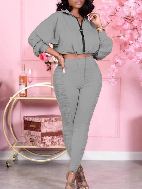 Drawstring Zip Top & Ruched Pants Set