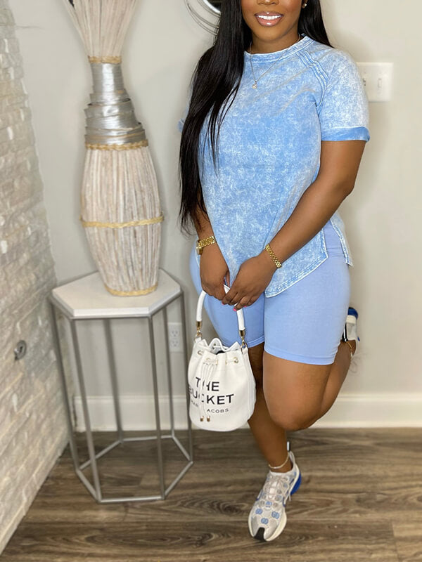 Printed Slit Tee & Biker Shorts Set
