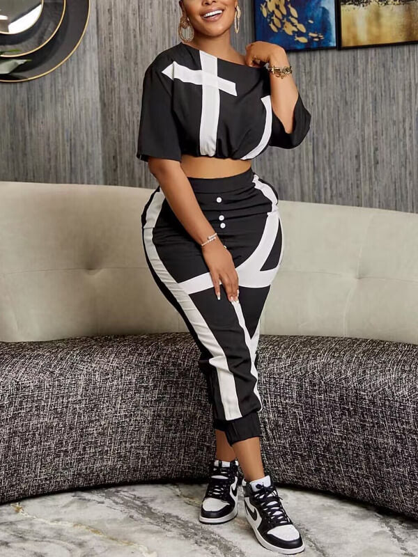 Printed Boat-Neck Top & Pants Set