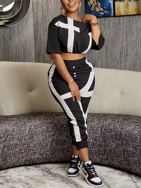 Printed Boat-Neck Top & Pants Set