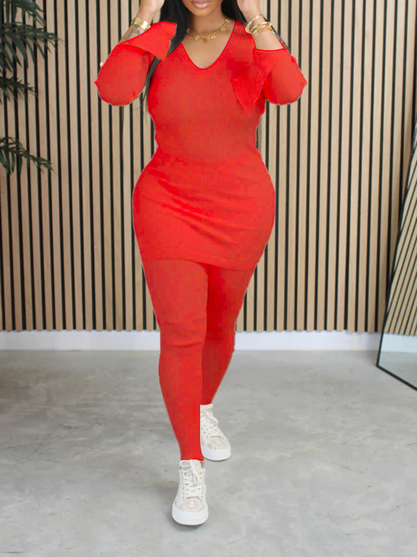 Ribbed V-Neck Top & Pants Set