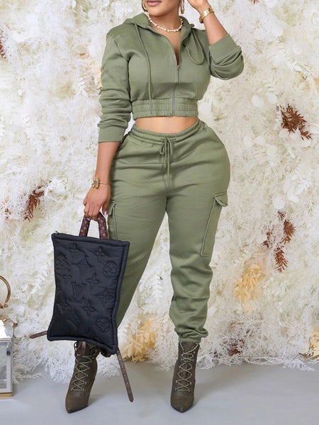 Solid Zip-Front Hoodie & Pants Set