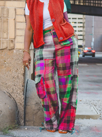 Plaid Color Blocked Straight Leg Pants