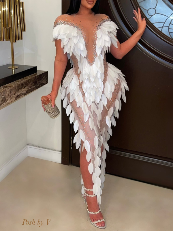 Studded Swan-Elegance Maxi Dress