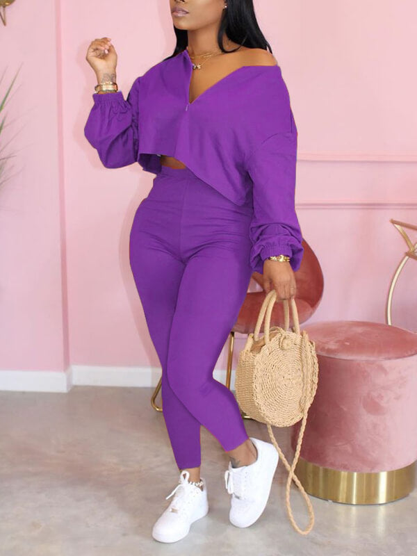 Morchique Solid Zip-Front Top & Pants Set