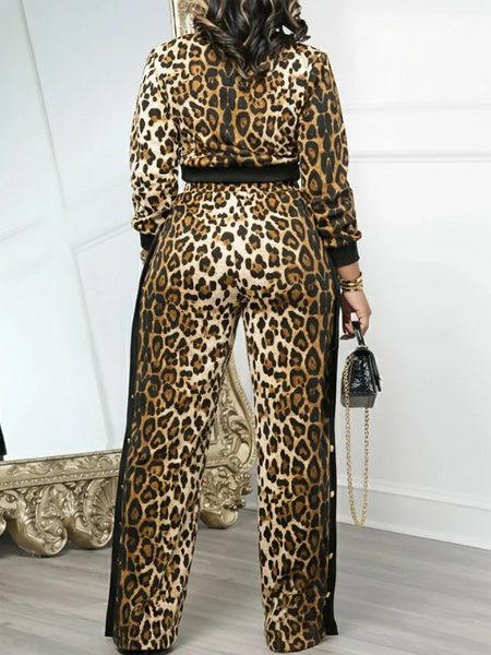 Leopard Print Crop Sweatshirt & Pants Set