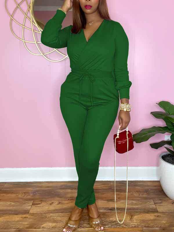 Solid V-Neck Drawstring Jumpsuit