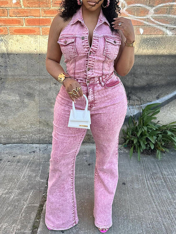 Button-Front Halter Denim Jumpsuit
