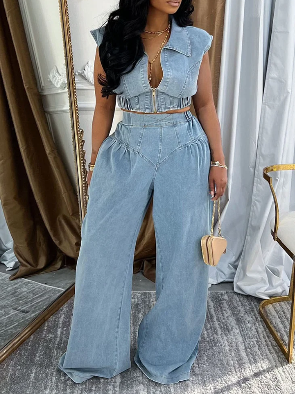 Denim Zip-Up Vest & Wide-Leg Pants Set