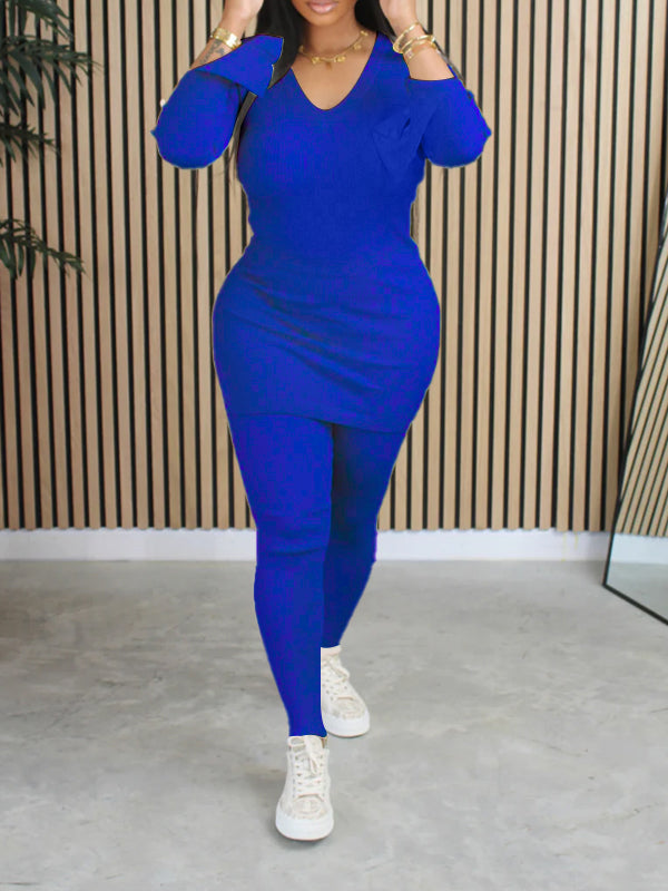 Ribbed V-Neck Top & Pants Set