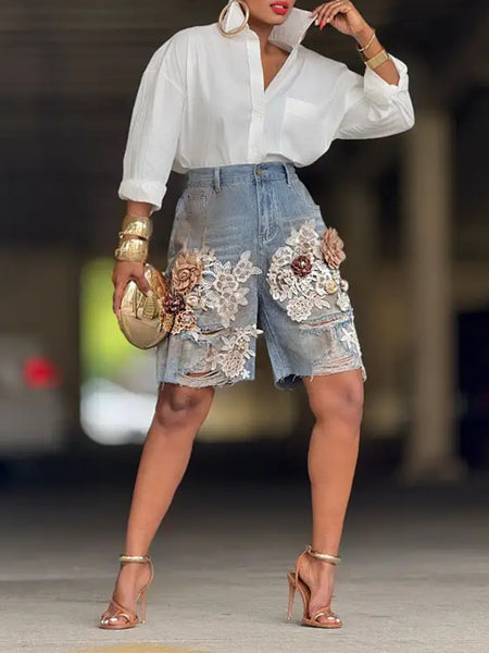 Morchique Flower Lace Combo Ripped Shorts