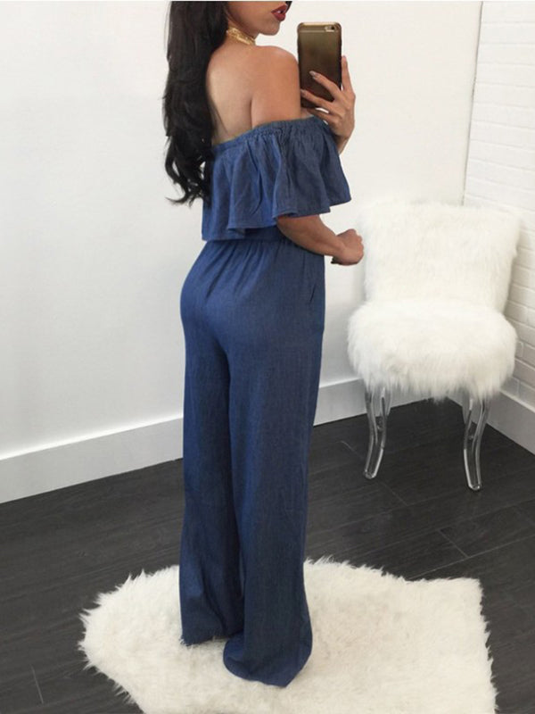 Off-Shoulder Flounce Denim Jumpsuit