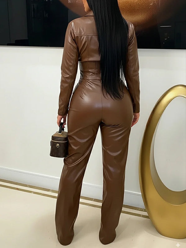 Faux-Leather Button-Front Jumpsuit