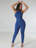 Morchique Sleeveless Tied-Back Denim Jumpsuit