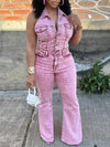 Button-Front Halter Denim Jumpsuit