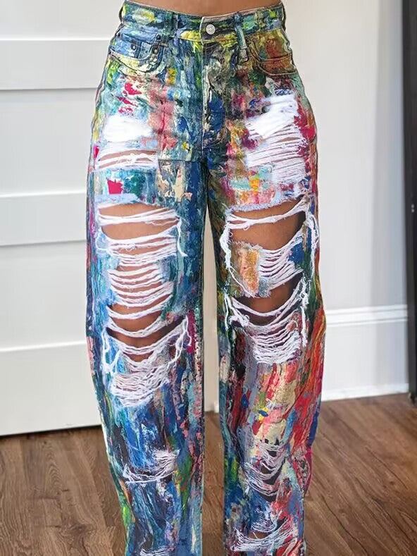 Printed Ripped Pants