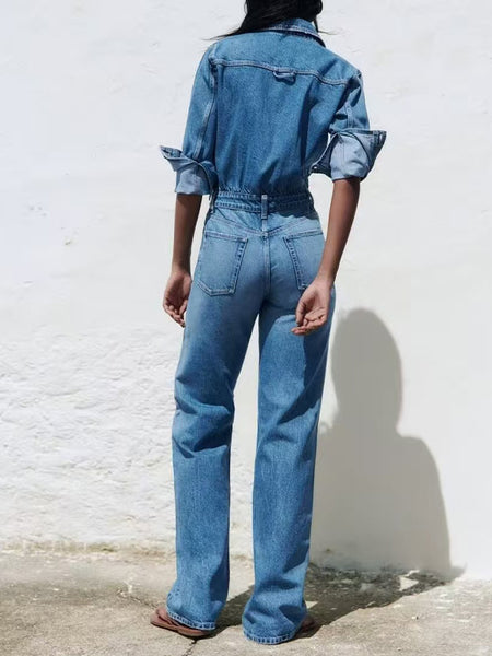Button-Front Denim Jumpsuit