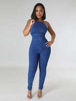 Sleeveless Tied-Back Denim Jumpsuit