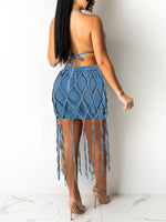 Denim Bra Top & Fringe Skirt Set