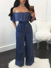 Off-Shoulder Flounce Denim Jumpsuit