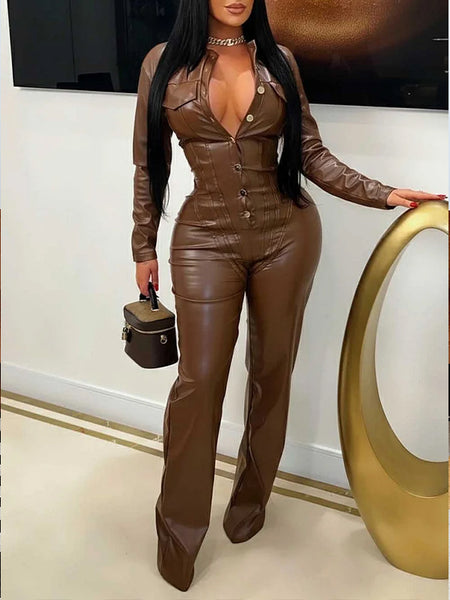 Faux-Leather Button-Front Jumpsuit
