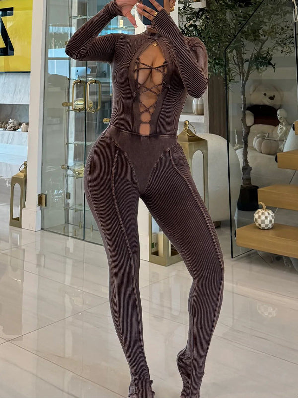 Lace-Up Ribbed Skinny Jumpsuit